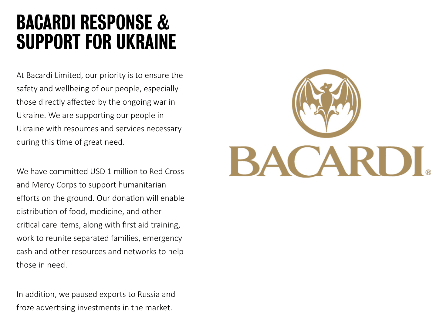 Bacardi's original press release titled “Response and Support For Ukraine” (screenshot as of December 10, 2022)