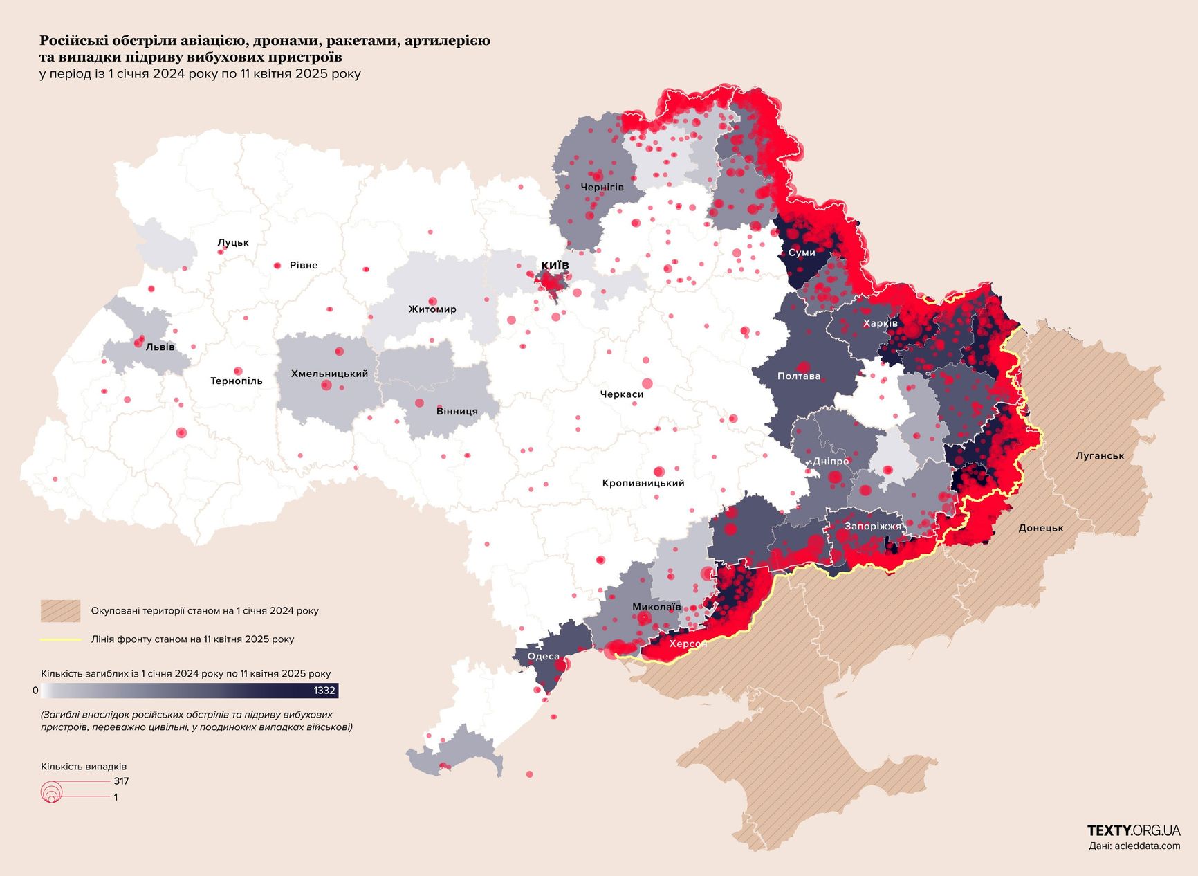 Российские обстрелы авиацией, дронами, ракетами и артиллерией с 1 января 2024 года по 11 апреля 2025 года