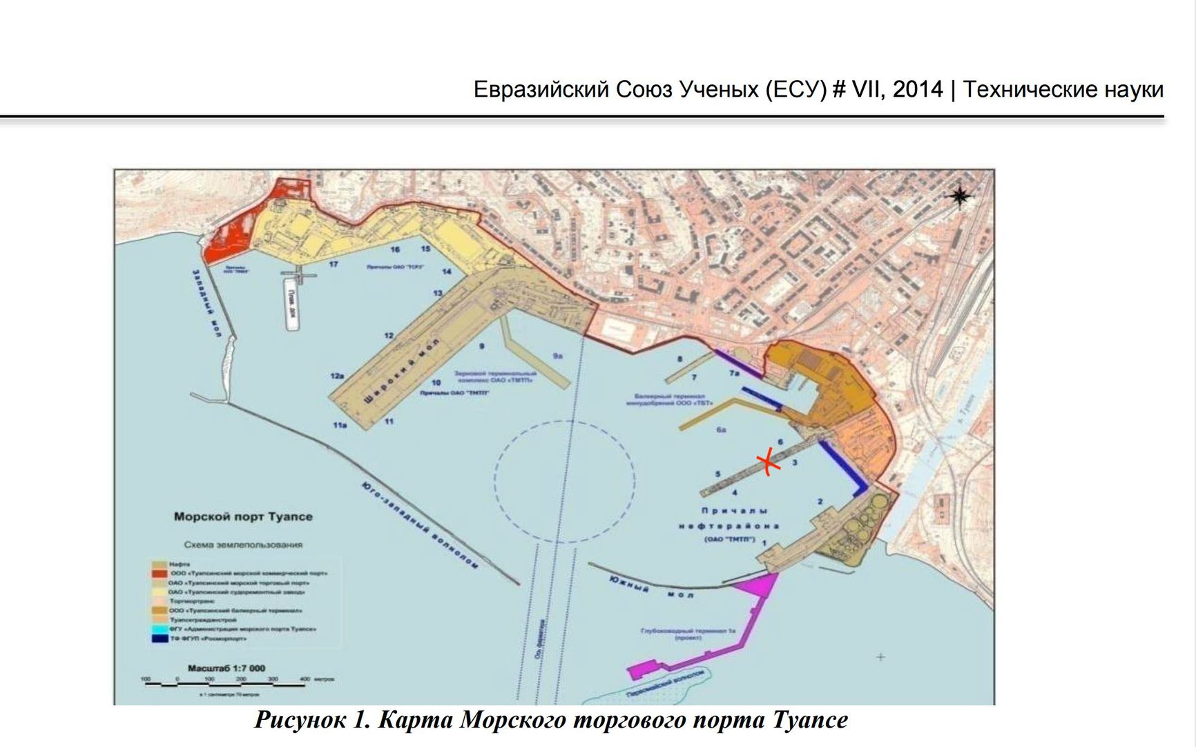 Diagram of the Tuapse port from a report by the Eurasian Union of Scientists. The red cross marks the site of the strike.