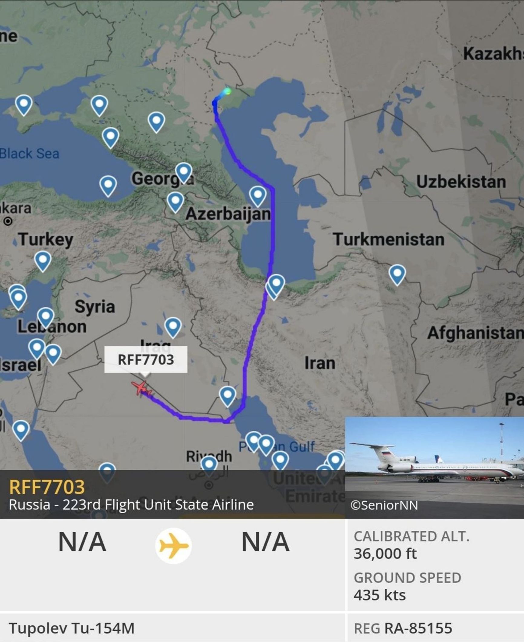Flight of Russian Air Force aircraft RA-85155 from Astrakhan to Latakia on October 15, 2022. The aircraft is prohibited from entering Turkish airspace.