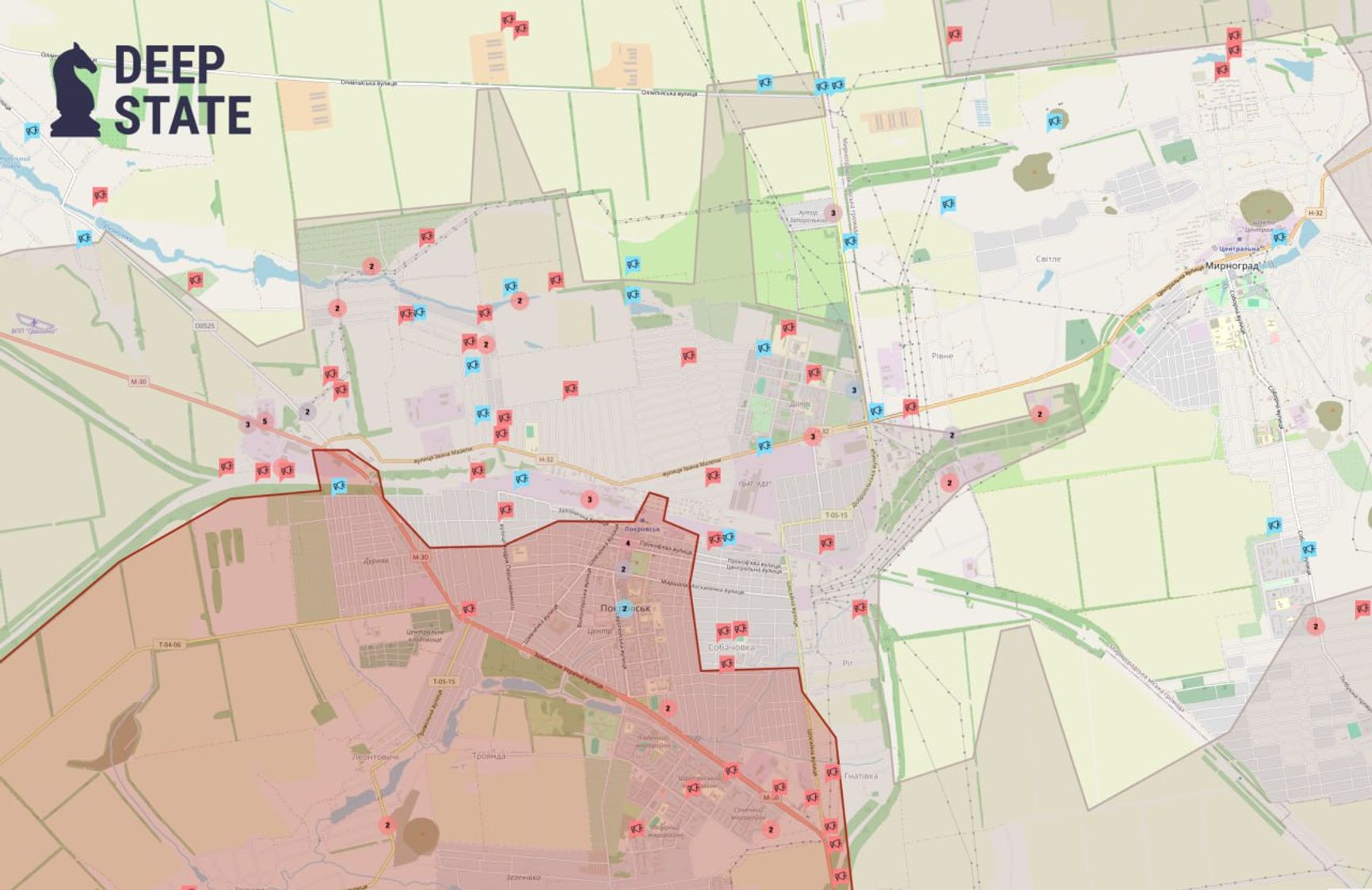 Обнаружение и поражение российских и украинских военных (обозначены красным и синим соответственно) в Покровске (до 2016 года — Красноармейск) за последний месяц
