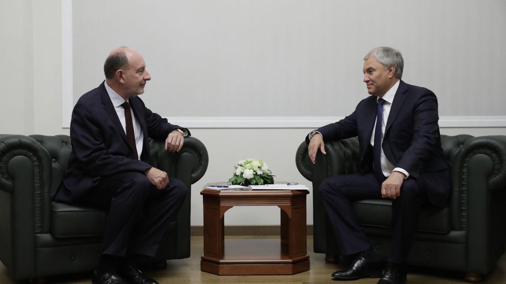 Внук генерала де Голля Пьер де Голль со спикером Госдумы Вячеславом Володиным на встрече в Москве