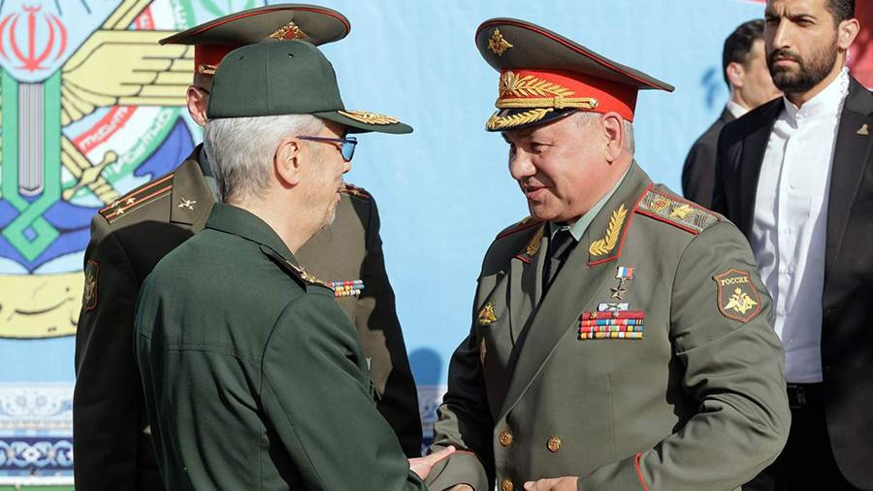 Mohammad Bagheri, Chief of Staff for the Armed Forces of the Islamic Republic of Iran, and Sergei Shoigu, Russia's Minister of Defense, in Tehran. Sep. 19, 2023
