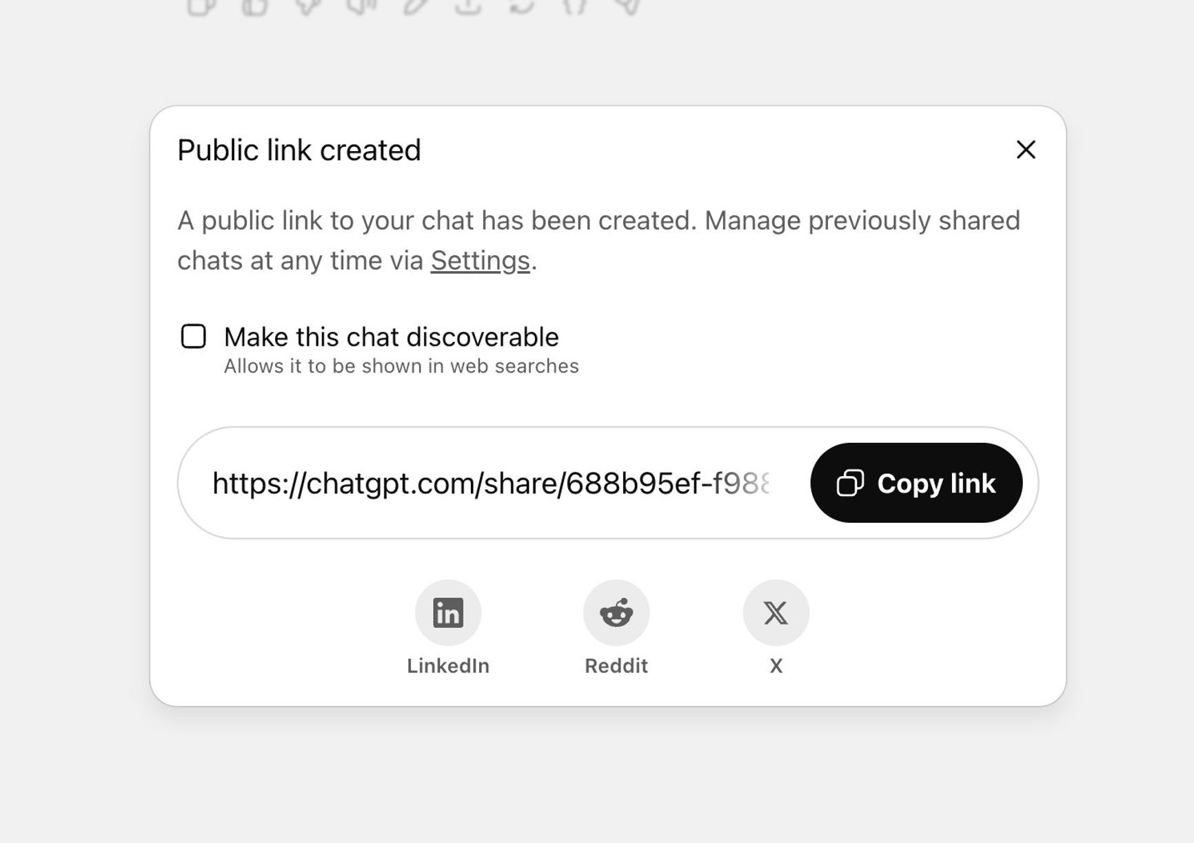 Скриншот: процесс создания публичной ссылки на диалог с ChatGPT