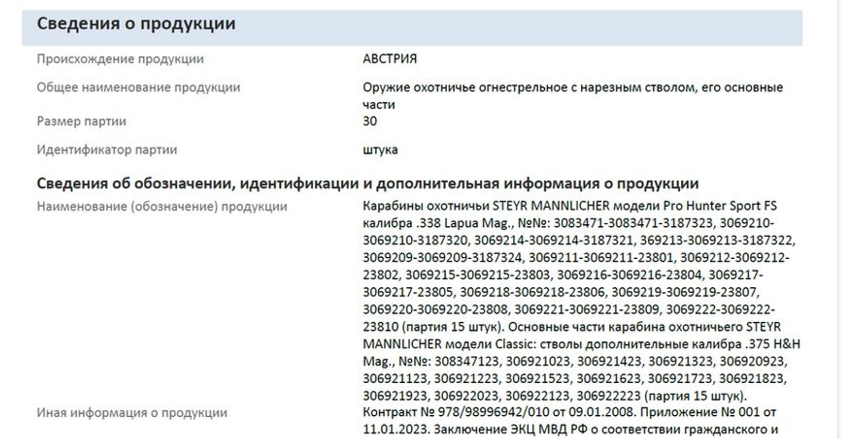 Serial numbers of 15 Steyr Mannlicher rifles and 15 additional barrels, registered by Arsenal LLC on March 13, 2023.