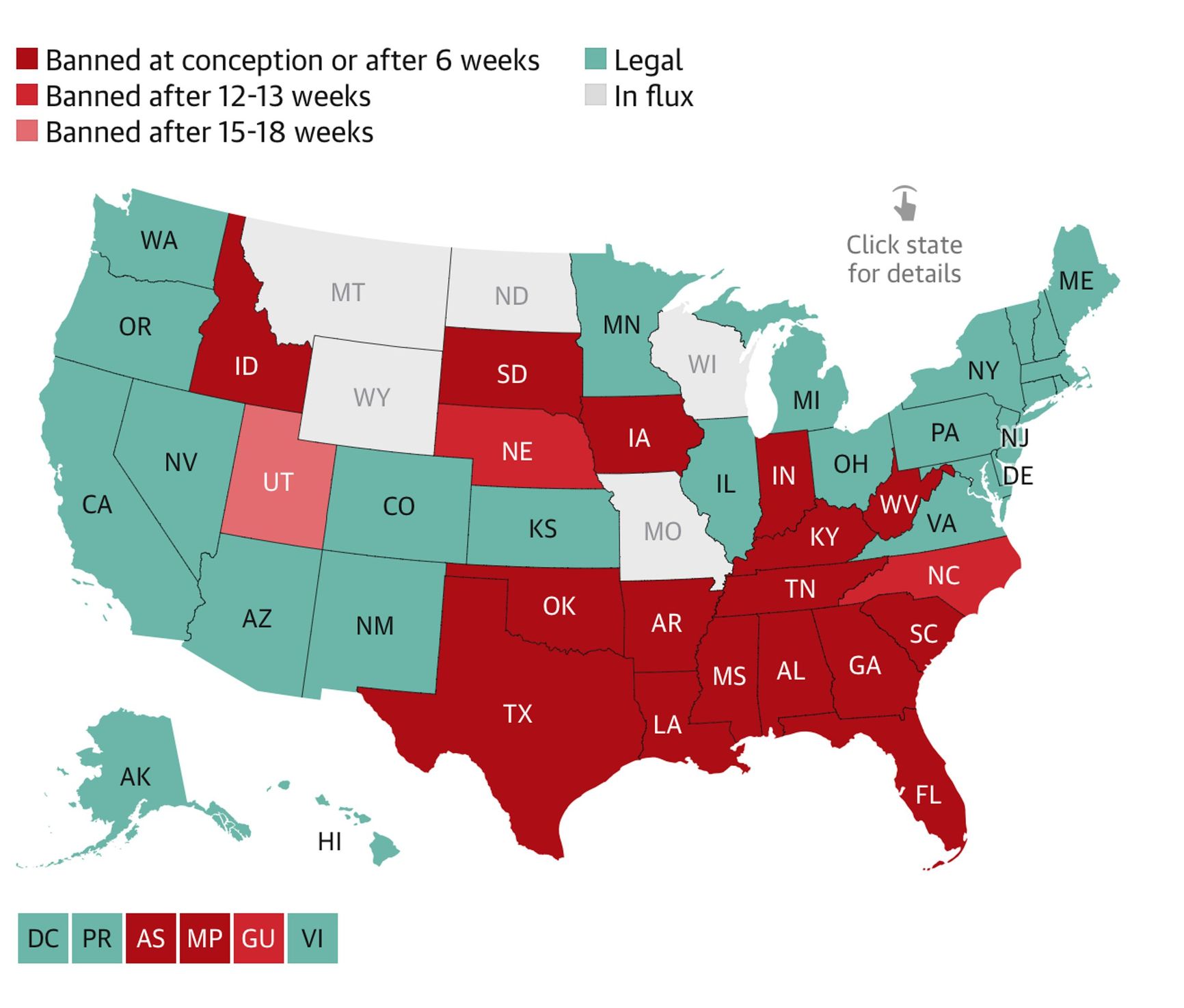 Abortion restrictions in the United States as of 2025. Dark red indicates states where abortions are banned from conception or from approximately the sixth week of pregnancy; red marks bans after 12–13 weeks; burgundy shows bans after 15–18 weeks. Turquoise highlights states where abortion remains legal. Gray denotes jurisdictions where abortion status remains uncertain due to court disputes.