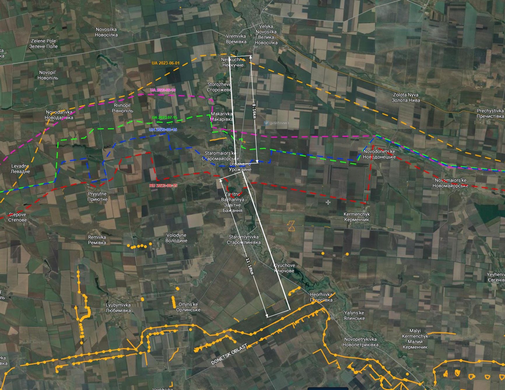 Продвижение украинских войск на Времевском выступе по месяцам по версии Def Mon