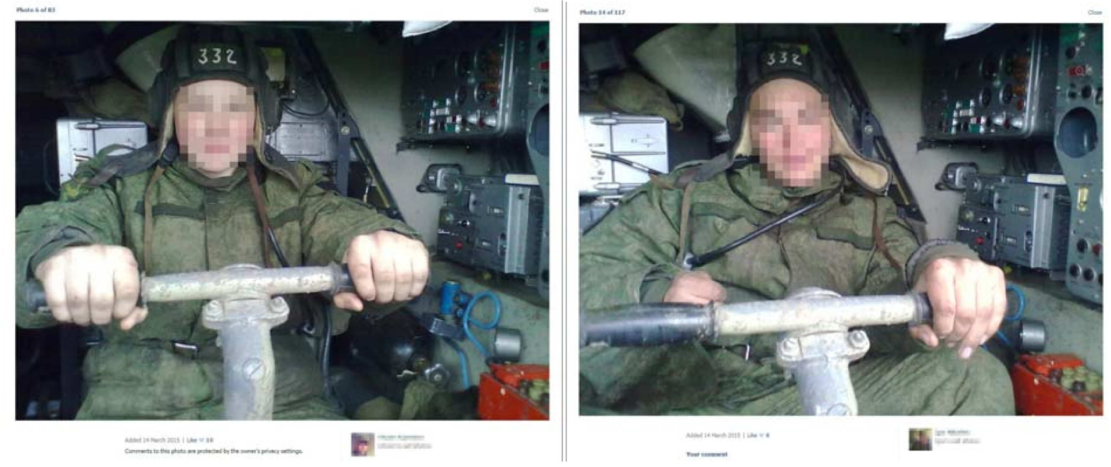 Две фотографии в аккаунтах разных солдат, сидящих на водительском месте самоходной огневой установки «Бук» в шлемофоне с номером «332»: обе фотографии загружены 14 марта 2015 г.
