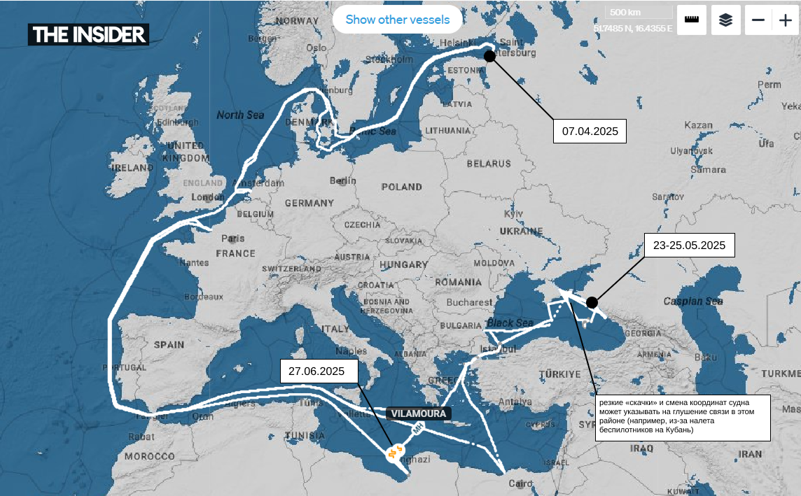 Маршрут танкера Vilamoura с начала апреля по конец июня 2025 / данные: Starboard
