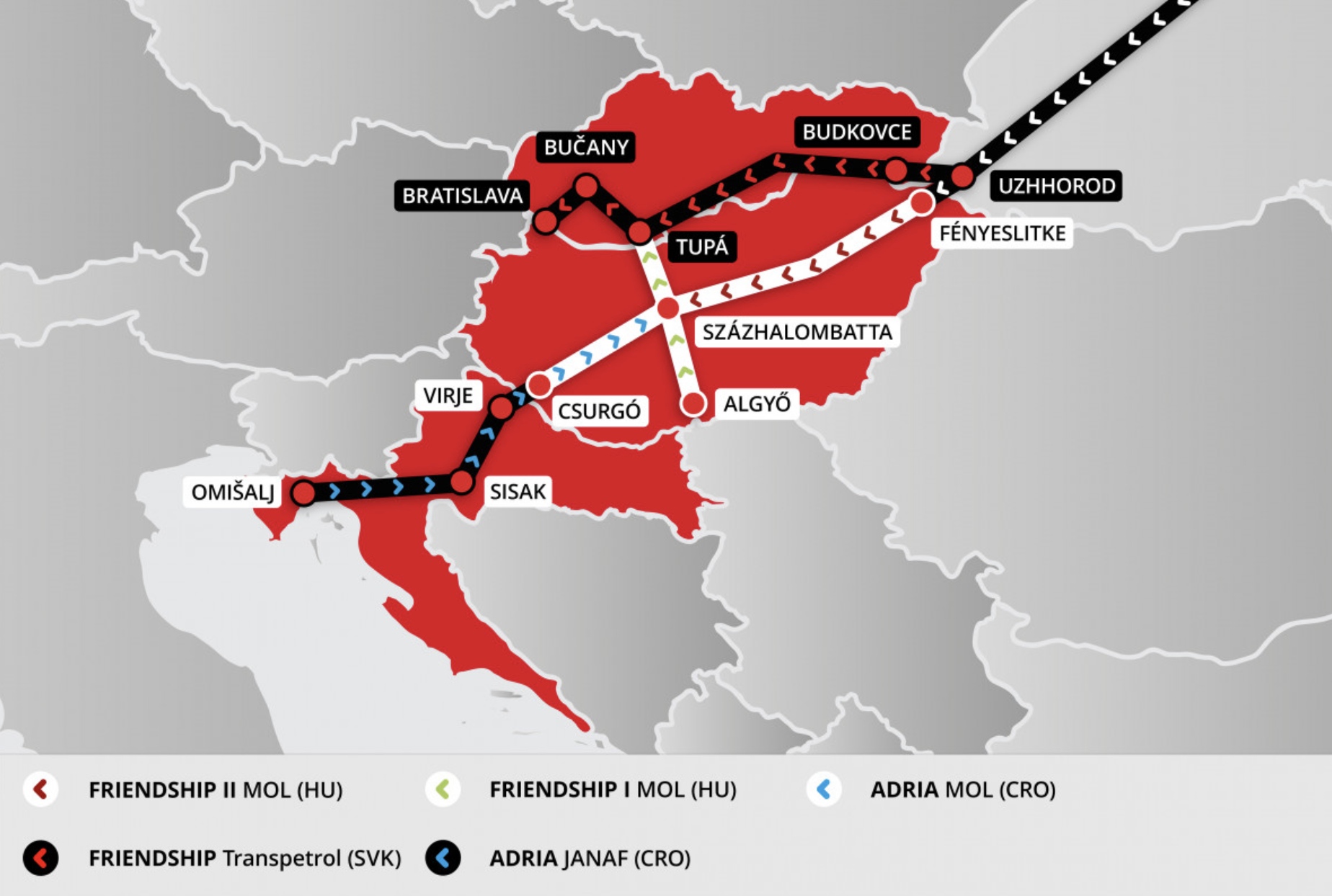 Схема нефтепроводов со стороны Хорватии в Венгрию («Адрия») и со стороны России в Венгрию («Дружба»)