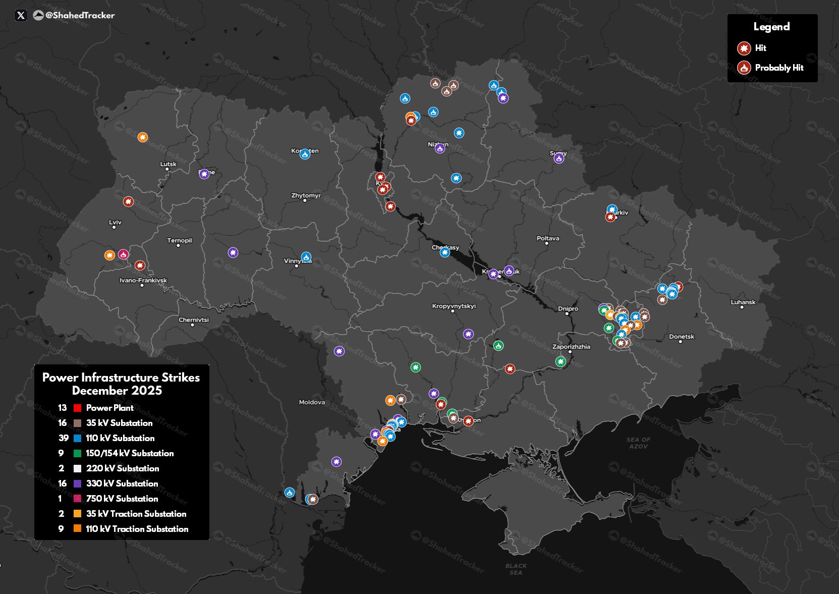 Карта ударов по объектам энергоинфраструктуры на территории Украины за декабрь 2025 года