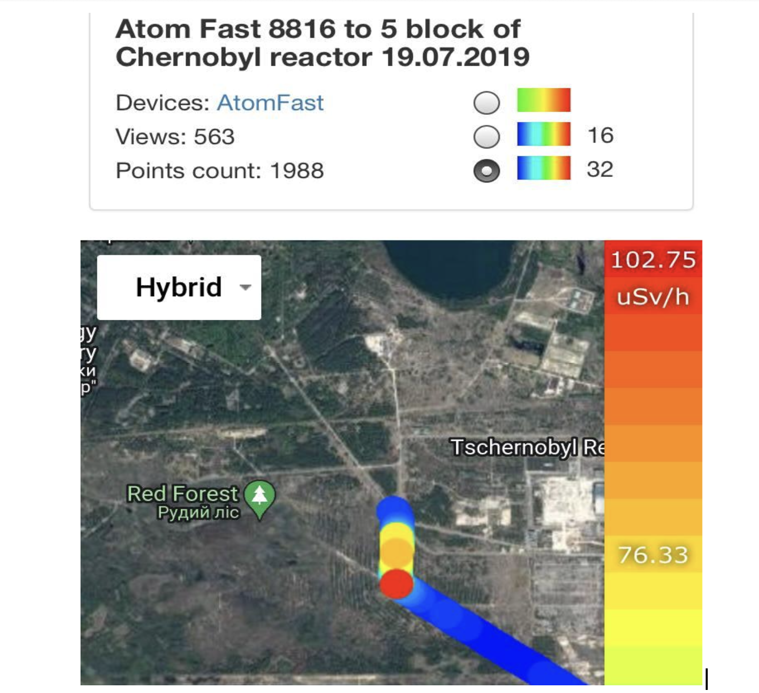 Мощность дозы гамма-излучения в районе Рыжего леса. Максимальный уровень на фото 102 мкЗв/ч при норме не более 0,2 мкЗв/ч. 2019 год. Тепловая карта сделана с помощью сцинтилляционного дозиметра Atom Fast 8816